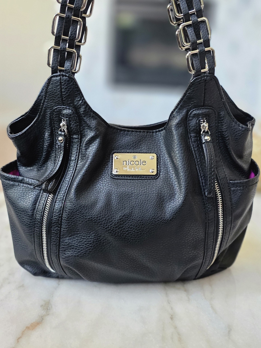 Nicole by Nicole Miller Black Pebbled Leather Shoulder Bag Hot Pink Lining